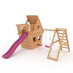 BIBEX® Play Tower - Wonder Cottage M150 - Long Slide, 2x Swings, Knot Net, Climbing Stones, Furniture - Pink Slide/Swings