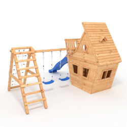 BIBEX® Play Tower - Wonder Cottage M150 - Long Slide, 2x Swings, Knot Net, Climbing Stones, Furniture - Blue Slide/Swings