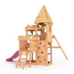 Play Tower - Knights Castle "L120" + Slide, 2x Swing, Climbing Stones Pink Slide/Swing