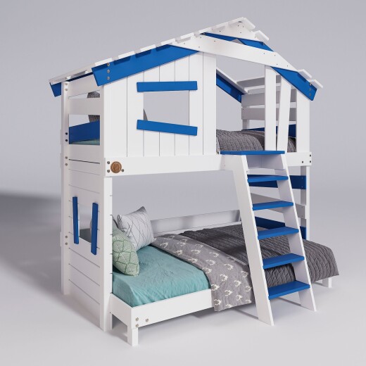 Hochbett ALPIN CHALET Doppelbett, Kinderbett, 120x200cm, weiß/blau Ohne Regale Ohne Türchen