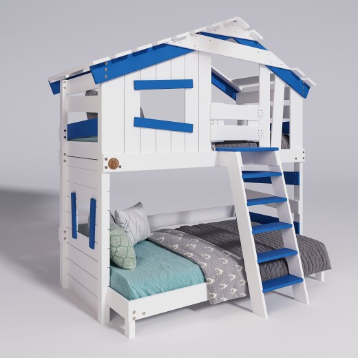 Hochbett ALPIN CHALET Doppelbett, Kinderbett, 120x200cm, weiß/blau Ohne Regale + Türchen