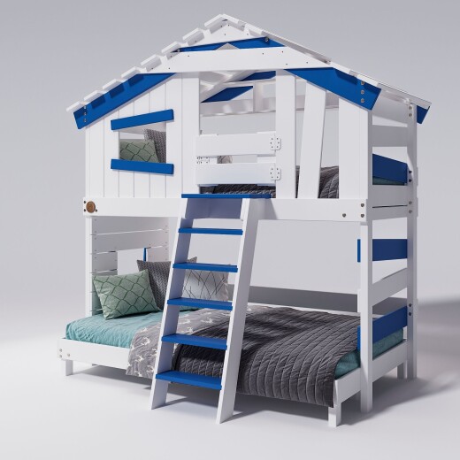Hochbett ALPIN CHALET Doppelbett, Kinderbett, 120x200cm, weiß/blau + Oberes Regal + Türchen