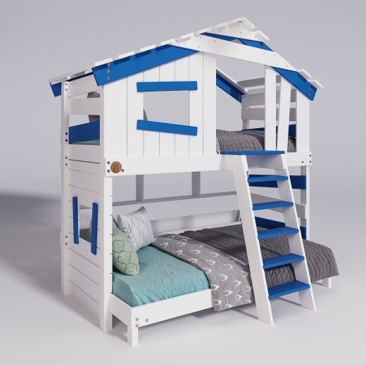 Hochbett ALPIN CHALET Doppelbett, Kinderbett, 120x200cm, weiß/blau + Unteres Regal Ohne Türchen