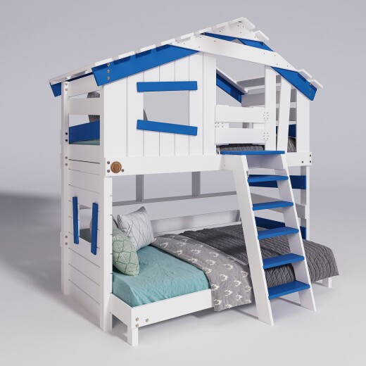 Hochbett ALPIN CHALET Doppelbett, Kinderbett, 120x200cm, weiß/blau + Unteres Regal + Türchen