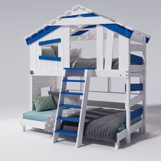 Hochbett ALPIN CHALET Doppelbett, Kinderbett, 120x200cm, weiß/blau + Unteres und oberes Regal Ohne Türchen