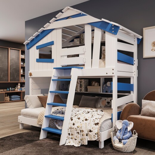 Hochbett ALPIN CHALET Doppelbett, Kinderbett, 120x200cm, weiß/blau + Unteres und oberes Regal + Türchen
