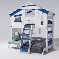 Hochbett ALPIN CHALET Doppelbett, Kinderbett, 120x200cm, weiß/blau + Unteres und oberes Regal + Türchen