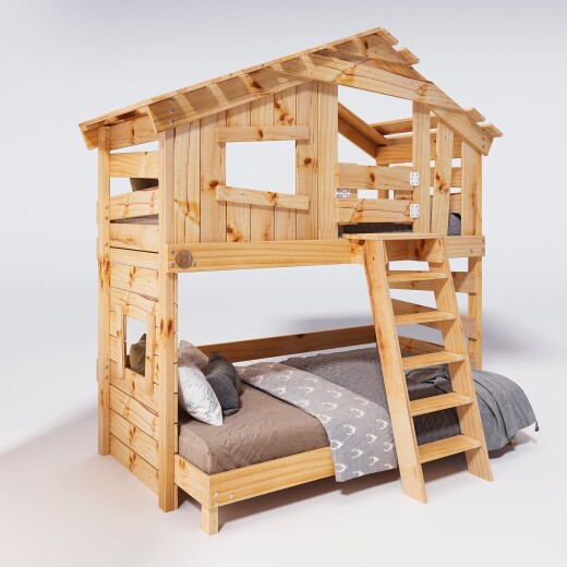 Hochbett ALPIN CHALET Doppelbett, Kinderbett, 120x200cm, naturbelassen Ohne Regale + Türchen