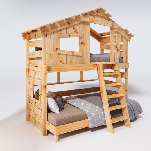 Hochbett ALPIN CHALET Doppelbett, Kinderbett, 120x200cm, naturbelassen + Unteres Regal Ohne Türchen