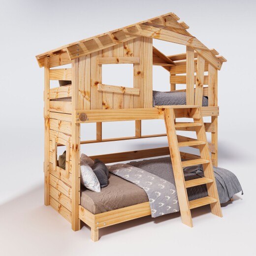 Hochbett ALPIN CHALET Doppelbett, Kinderbett, 120x200cm, naturbelassen + Unteres und oberes Regal Ohne Türchen