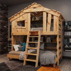 Hochbett ALPIN CHALET Doppelbett, Kinderbett, 120x200cm, naturbelassen + Unteres und oberes Regal Ohne Türchen