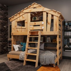 Hochbett ALPIN CHALET Doppelbett, Kinderbett, 120x200cm, naturbelassen + Unteres und oberes Regal + Türchen
