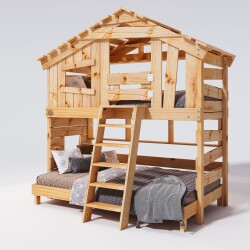 Hochbett ALPIN CHALET Doppelbett, Kinderbett, 120x200cm, naturbelassen + Unteres und oberes Regal + Türchen