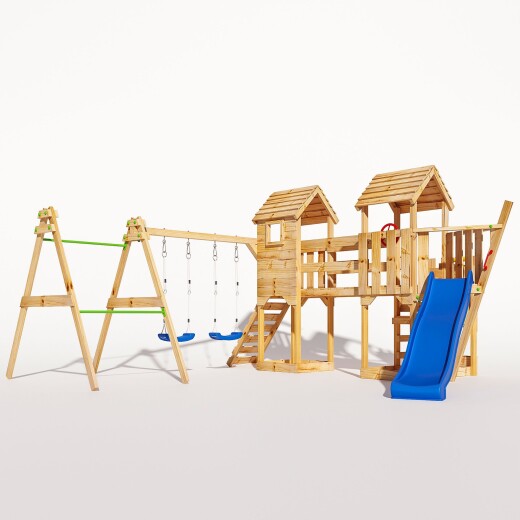 Spielturm - "Piratenschiff M+" Blaue Rutsche und Schaukeln