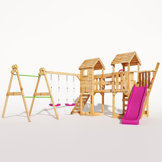 Spielturm - "Piratenschiff M+" Rosa Rutsche und Schaukeln