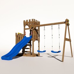 Spielturm - Ritterburg "OAKFORT CORE II" Blaue Rutsche und Schaukeln