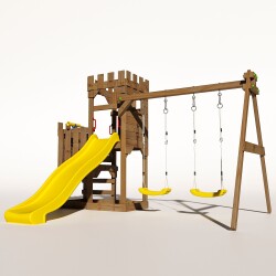 Spielturm - Ritterburg "OAKFORT CORE II" Gelbe Rutsche und Schaukeln