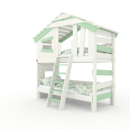 ALPIN CHALET Jugend- und Kinderbett, Doppelbett, Etagenbett, Spielhaus in zartem Creme-weiß / pastell-grün mit Unterbett ohne Zubehör