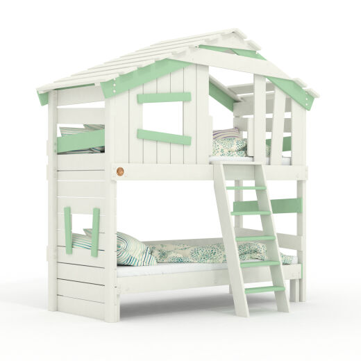 ALPIN CHALET Jugend- und Kinderbett, Doppelbett, Etagenbett, Spielhaus in zartem Creme-weiß / pastell-grün mit Unterbett ohne Zubehör