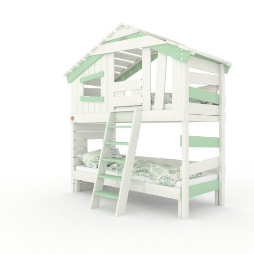 ALPIN CHALET Jugend- und Kinderbett, Doppelbett, Etagenbett, Spielhaus in zartem Creme-weiß / pastell-grün mit Unterbett + Pforte / Türchen