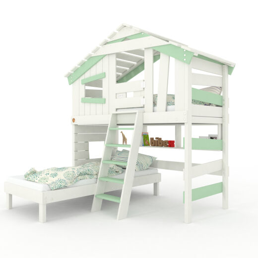ALPIN CHALET Jugend- und Kinderbett, Doppelbett, Etagenbett, Spielhaus in zartem Creme-weiß / pastell-grün mit Unterbett + Regal + Pforte