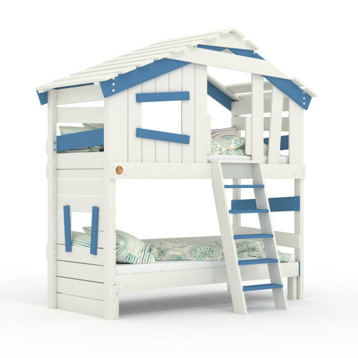 ALPIN CHALET Jugend- und Kinderbett, Doppelbett, Etagenbett, Spielhaus in zartem Creme-weiß / Himmel-blau mit Unterbett ohne Zubehör