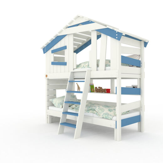 ALPIN CHALET Jugend- und Kinderbett, Doppelbett, Etagenbett, Spielhaus in zartem Creme-weiß / Himmel-blau mit Unterbett + Hängeregal
