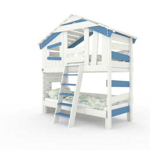 ALPIN CHALET Jugend- und Kinderbett, Doppelbett, Etagenbett, Spielhaus in zartem Creme-weiß / Himmel-blau mit Unterbett + Pforte / Türchen