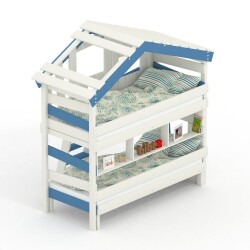 ALPIN CHALET Hochbett, Kinderbett, Etagenbett weiss/blau +Unterbett +Regal +Turchen BIBEX®