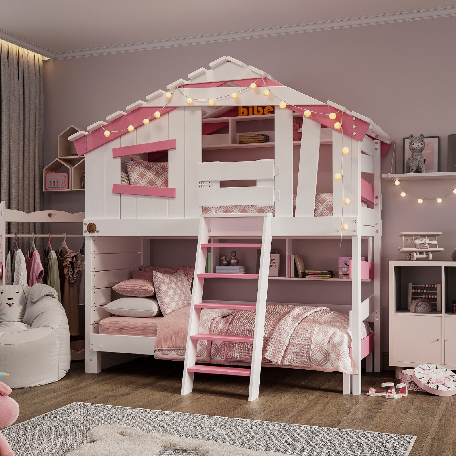 Hochbett ALPIN CHALET in Weiß/Rosa – Kinderbett und Etagenbettt