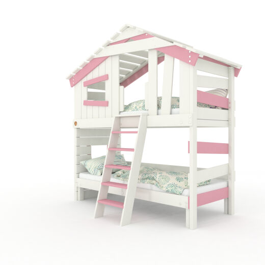 ALPIN CHALET Jugend- und Kinderbett, Mädchenbett, Doppelbett, Etagenbett, Spielhaus in zartem Creme-weiß / Zart-rosa mit Unterbett ohne Zubehör