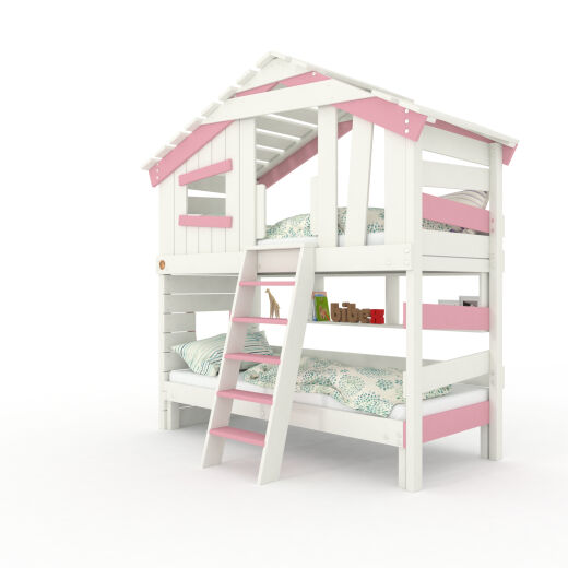 ALPIN CHALET Jugend- und Kinderbett, Mädchenbett, Doppelbett, Etagenbett, Spielhaus in zartem Creme-weiß / Zart-rosa mit Unterbett + Hängeregal