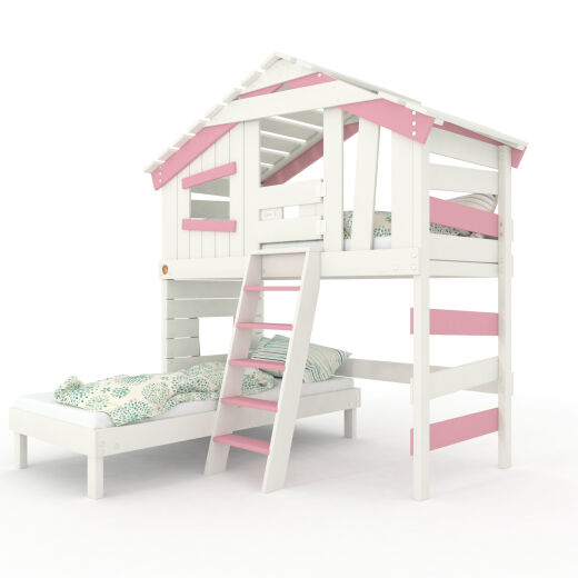 ALPIN CHALET Jugend- und Kinderbett, Mädchenbett, Doppelbett, Etagenbett, Spielhaus in zartem Creme-weiß / Zart-rosa mit Unterbett + Pforte / Türchen