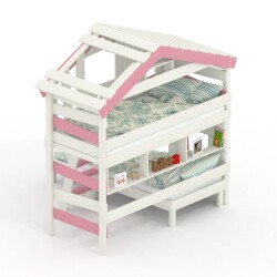 ALPIN CHALET Letto a soppalco, Letto a castello, Letto per bambini, Bianco/Rosa + Letto inferiore + Mensola + Porta da BIBEX®.