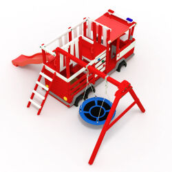 BIBEX® Torre gioco, struttura arrampicata, camion dei pompieri, altalena a nido, legno naturale (non verniciato) - scivolo rosso