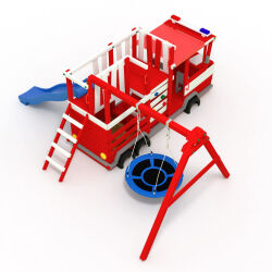 BIBEX® Torre gioco, struttura arrampicata, camion dei pompieri, altalena a nido, legno naturale (non verniciato) - scivolo blu