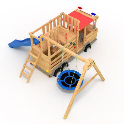 BIBEX® Torre gioco, struttura arrampicata, camion dei pompieri, altalena a nido, legno naturale (non verniciato) - scivolo blu