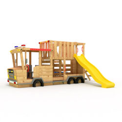 BIBEX® Play Tower, Climbing Frame, Fire Truck, Nest Swing, Natural Wood (Unpainted) - Yellow Slide