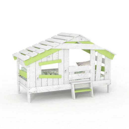 APART CHALET Kinderbett, Spielbett, Jugendbett, Spielhaus, massive Kiefer, sanft-grün MIT Türchen
