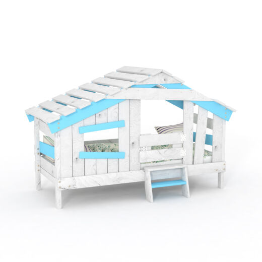 APART CHALET Kinderbett, Spielbett, Jugendbett, Spielhaus, massive Kiefer, himmel-blau MIT Türchen