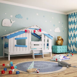 APART CHALET Childrens Bed, Play Bed, Youth Bed, Playhouse, Solid Pine, Sky-Blue WITH Door