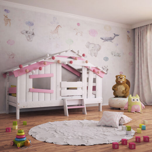 APART CHALET Kinderbett, Spielbett, Jugendbett, Spielhaus, massive Kiefer, zart-rosa MIT Turchen