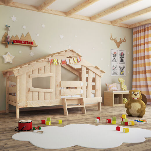 APART CHALET Childrens Bed, Play Bed, Youth Bed, Playhouse, Solid Pine, Natural Finish