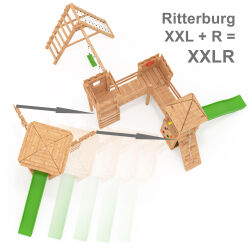 Spielturm - Ritterburg XXL+R - zwei Bausatze in einem kombiniert 2x grune Rutschen/Schaukeln