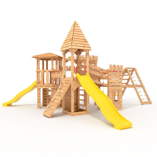 Spielturm - Ritterburg XXL+R - zwei Bausätze in einem kombiniert 2x gelbe Rutschen/Schaukeln