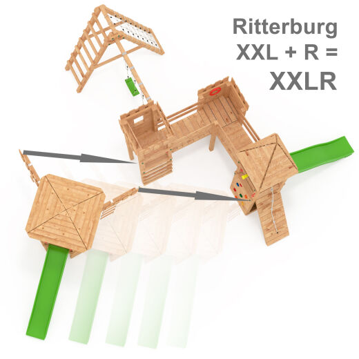 Spielturm - Ritterburg XXL+R - zwei Bausätze in einem kombiniert 2x rote Rutschen/Schaukeln