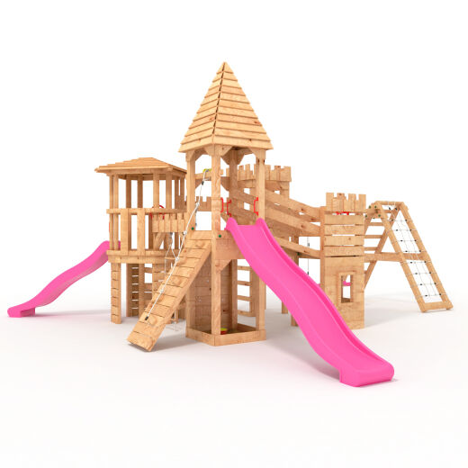 Spielturm - Ritterburg XXL+R - zwei Bausatze in einem kombiniert 2x rosa Rutschen/Schaukeln