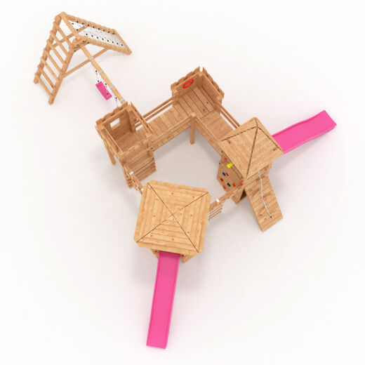 Spielturm - Ritterburg XXL+R - zwei Bausatze in einem kombiniert 2x rosa Rutschen/Schaukeln
